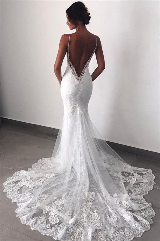 Backless Wedding Dress Lace Mermaid Spaghetti Straps Bridal Dress