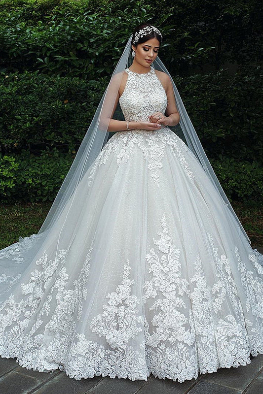 Ivory Ball Gown Wedding Dress Halter Tulle Lace Appliques Bridal Dress