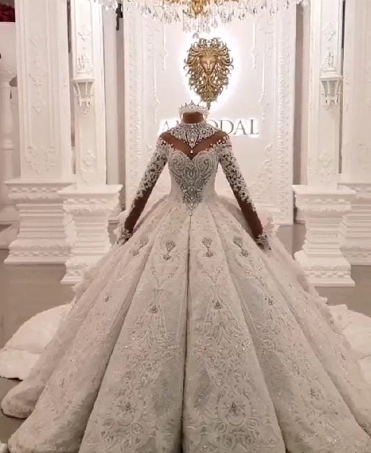 Ivory Ball Gown Wedding Dress High Neck Long Sleeve Beaded Appliques Bridal Dress