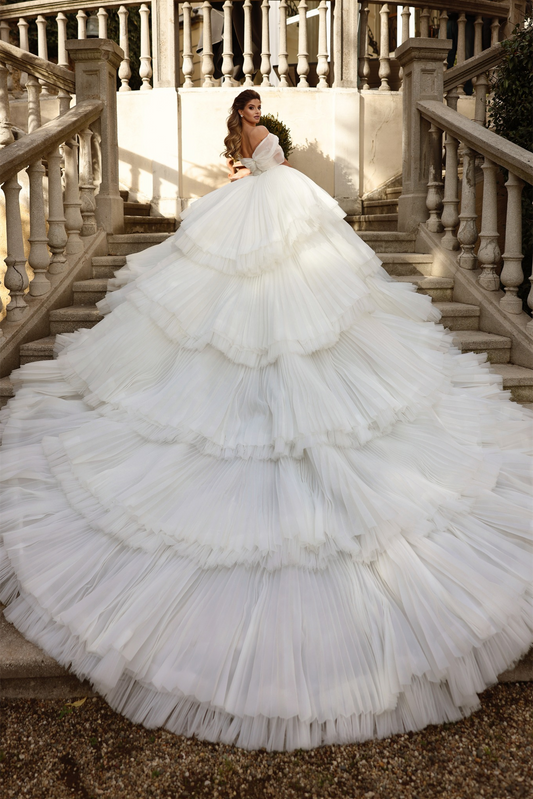 Ivory Wedding Dress Off The Shoulder Tiered Tulle Ball Gown Bridal Dress