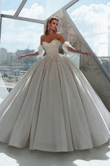 Ivory Ball Gown Wedding Dress Sweetheart Sequined Bridal Dress with Sleeves