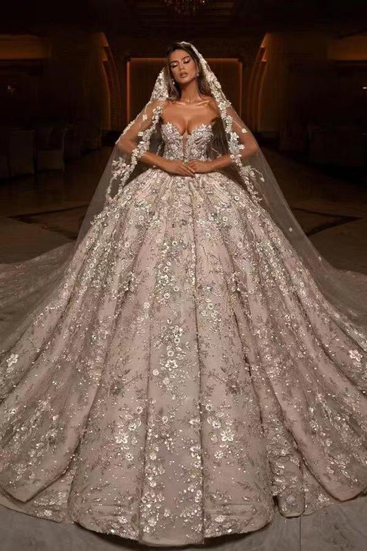 Ivory Ball Gown Wedding Dress Sequined Sweetheart Bridal Dress