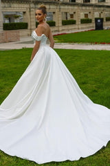 White One Shoulder Wedding Dress Beaded Satin Bridal Dress with Panel Train