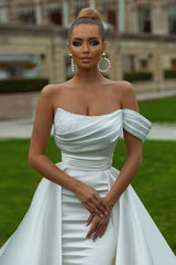 White One Shoulder Wedding Dress Beaded Satin Bridal Dress with Panel Train