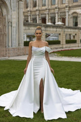 White One Shoulder Wedding Dress Beaded Satin Bridal Dress with Panel Train