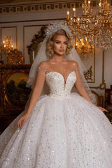 Ivory Ball Gown Wedding Dress Off the Shoulder Glitter Beaded Bridal Dress