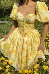 Ballet Style Yellow A-Line Sweetheart Printed Short Graduation Dress