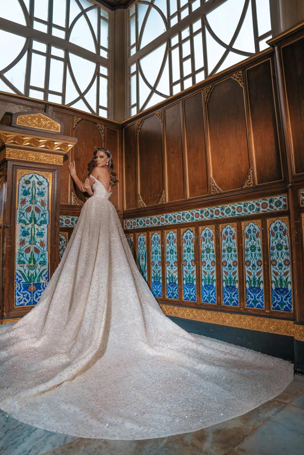 Off-the-Shoulder Sequined Long Wedding Dress with Slit