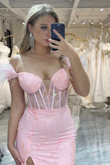 Pink Off the Shoulder Mermaid Corset Prom Dress with Slit