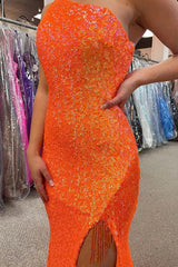 Sparkly Orange Sequins One Shoulder Mermaid Long Prom Dress with Fringes