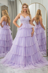 Lilac A Line Tiered Long Corset Prom Dress With Appliques