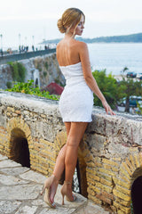 White Strapless Homecoming Dress with Feathers