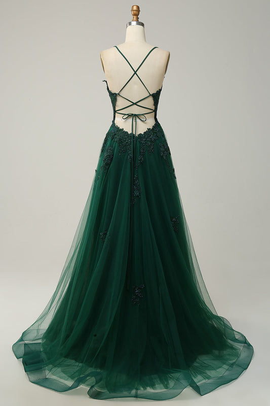 Dark Green A-Line Tulle Appliques Long Prom Dress with Slit