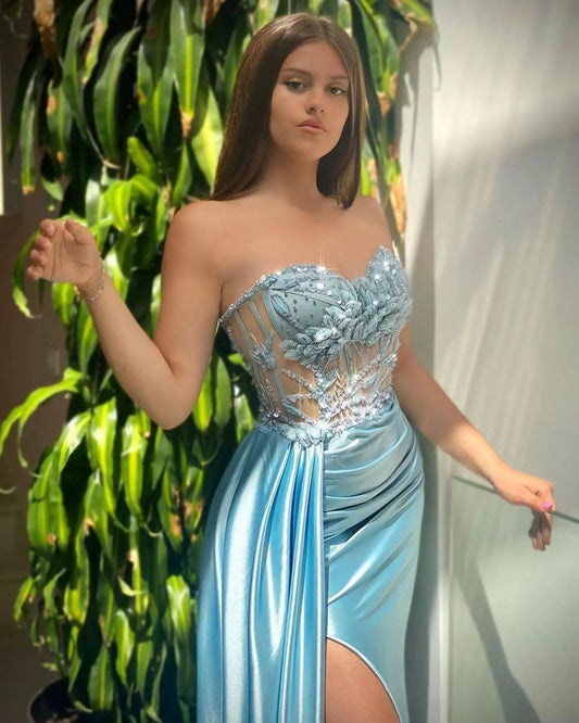 Sky Blue Sweetheart Sleeveless Mermaid Evening Dress with Beads and Satin Ruffle Slit