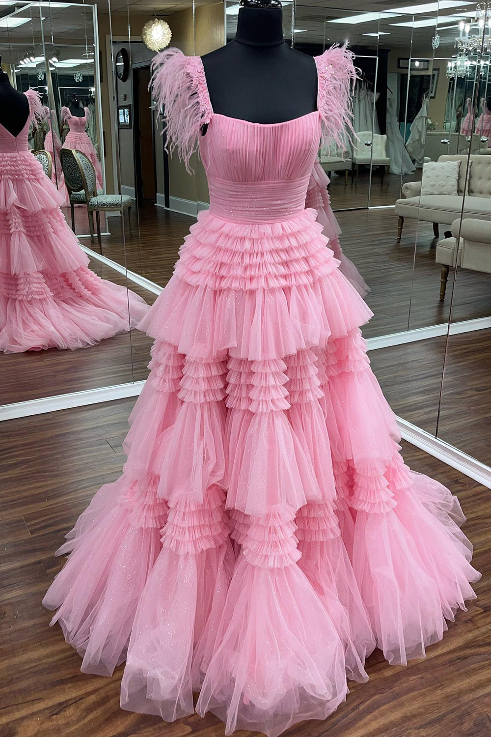 Glitter Pink Spaghetti Straps Tiered Appliques Long Prom Dress with Slit