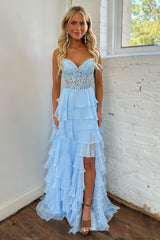 Light Blue A-Line Tiered Chiffon Long Prom Dress with Lace