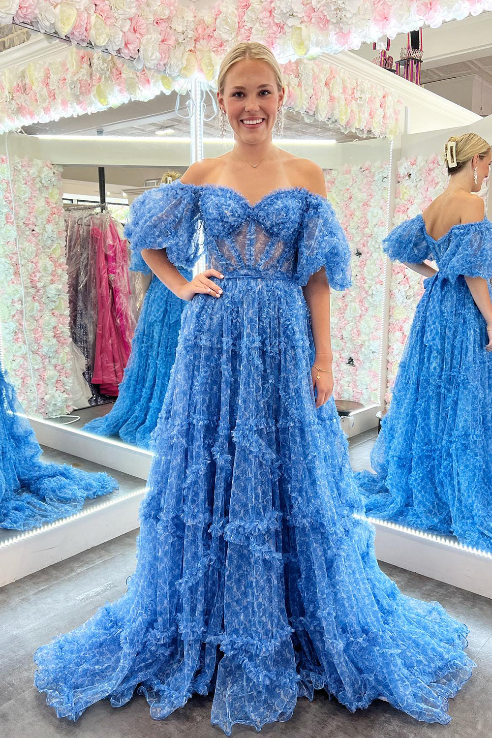 Blue A-Line Corset Long Tulle Floral Prom Dress with Ruffles