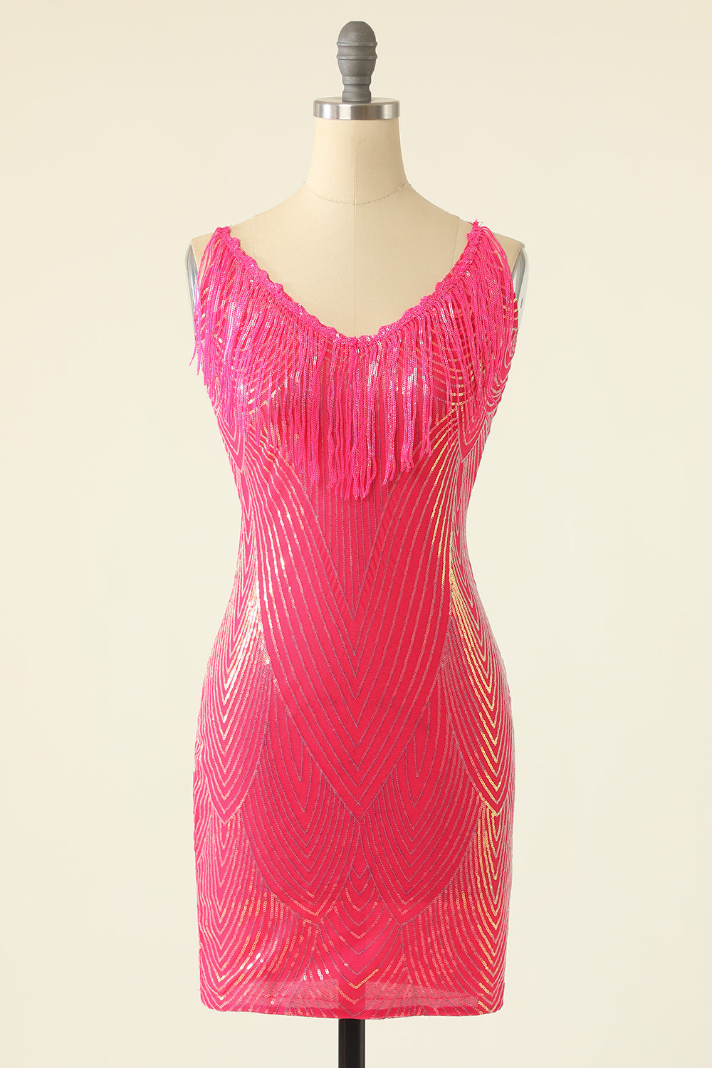 V-Neck Fuchsia Homecoming Dress With Fringes