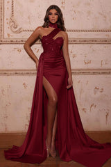 Mermaid Evening Dress with High Neck Split Beads and Ruffles