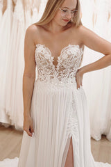 Elegant White Sweetheart Long Lace Boho Wedding Dress with Slit