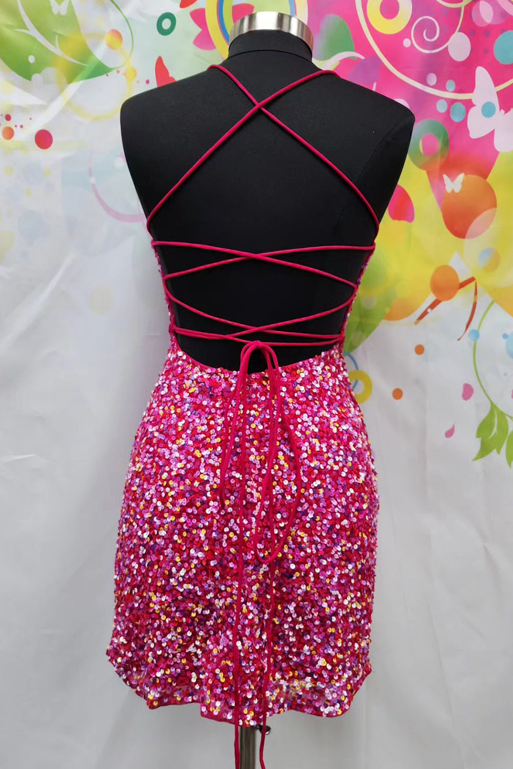 Sparkly Fuchsia Sequined Spaghetti Straps Tight Short Homecoming Dress