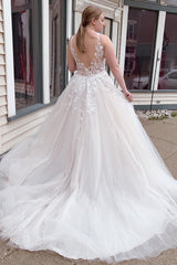 Sparkly A-Line Tulle White Sequins Long Plus Size Wedding Dress with Appliques