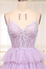 Elegant Lilac A Line Tiered Long Corset Prom Dress With Appliques