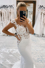 Classic White Mermaid Deep V-Neck Cap Sleeves Long Wedding Dress with Lace