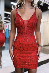 Sparkly Red Sequins Spaghetti Straps Tight Short Hoco Dress