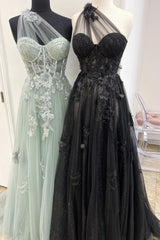 A Line One Shoulder Black Long Prom Dress with Appliques