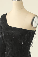 One Shoulder Black Cocktail Dress With Feathers