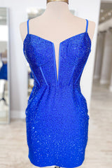 Sparkly Blue Corset Top Beaded Tight Short Homecoming Dress