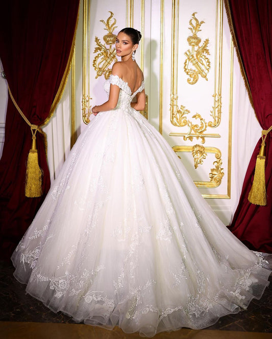 Fabulous Wedding Dress Ball Gown Off The Shoulder Bridal Dress with Lace Appliques