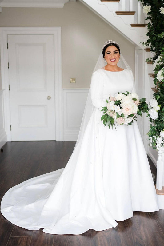 Ivory Long Sleeve Wedding Dress Bateau Neck Satin A Line Bridal Dress