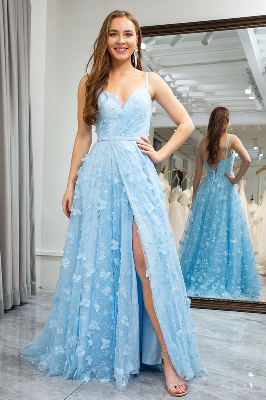 Sky Blue A Line Backless Beaded Appliques Long Prom Dress With Slit