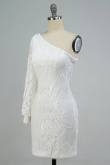 White Beaded Sequins One Shoulder Tight Homecoming Dress