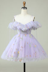 Lavender Off the Shoulder Corset Homecoming Dress with Ruffles