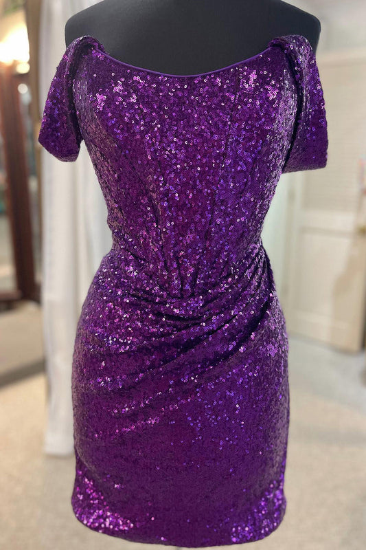 Sparkly Grape Detachable Off the Shoulder Sequins Tight Homecoming Dress