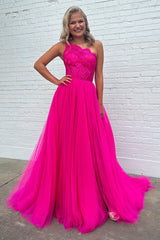 Hot Pink Detachable Long Sleeves A-Line Tulle Long Prom Dress with Lace