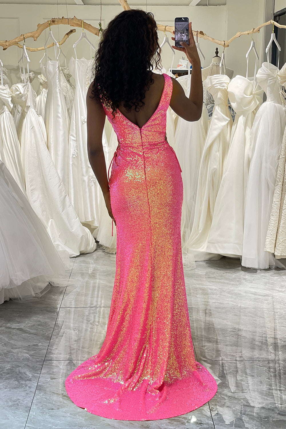 Sparkly Hot Pink Mermaid Long Prom Dress With Slit