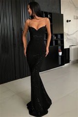 Black Sheath Spaghetti Straps Open Back Sequins Prom Dress