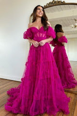 A Line Off the Shoulder Pink Tulle Corset Prom Dress with Bowknot