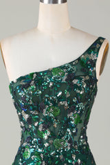 Dark Green One Shoulder Bodycon Sequin Short Homecoming Dress with Feathers