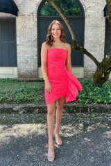 Red Strapless Ruched Tight Short Homecoming Dress with Ruffles