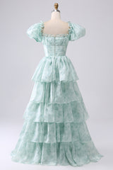 Light Blue A Line Long Tiered Corset Prom Dress