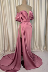 Elegant Pink Evening Dress Charmeuse V-Neck with Pleated Slit