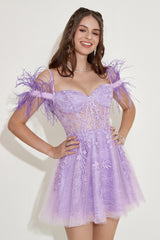 Lavender Off Shoulder Homecoming Dress with Feathers