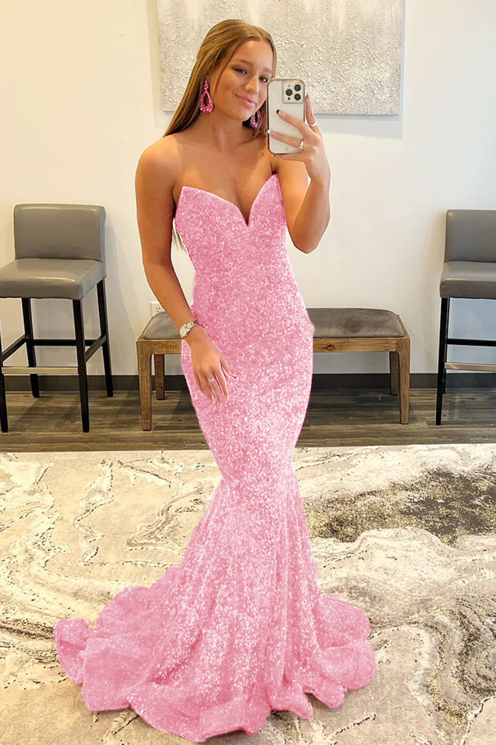 Fuchsia Sweetheart Neck Sequined Mermaid Prom Dress With Sweep Train