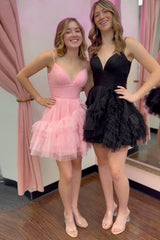 Glitter Pink Tulle A-Line Short Ruffled Homecoming Dress