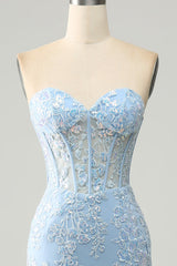 Light Blue Mermaid Sweetheart Long Corset Appliqued Prom Dress With Slit